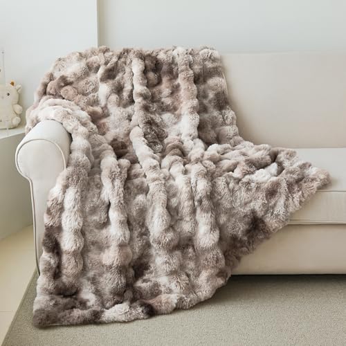 Admitrack Faux Rabbit Fur Throw Blanket for Couch, Fluffy Warm Plush Thick Bubble Blanket for Bed Sofa Living Room, Soft Cozy Furry Blanket, 50x60 inches, Tie-dye Brown - Image 4