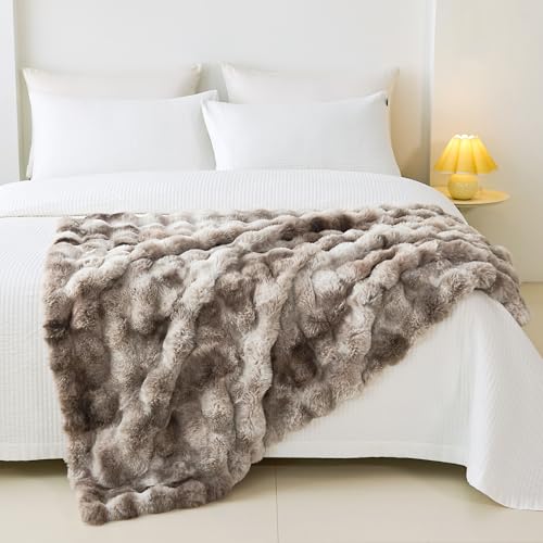 Admitrack Faux Rabbit Fur Throw Blanket for Couch, Fluffy Warm Plush Thick Bubble Blanket for Bed Sofa Living Room, Soft Cozy Furry Blanket, 50x60 inches, Tie-dye Brown - Image 3
