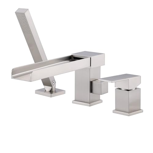 ALEASHA Waterfall Roman Tub Filler Faucet, Deck Mount Bathtub Filler with 360° Swivel Spout, 3 Holes Bathroom Tub Faucet with Sprayer, Brushed Nickel - Image 1