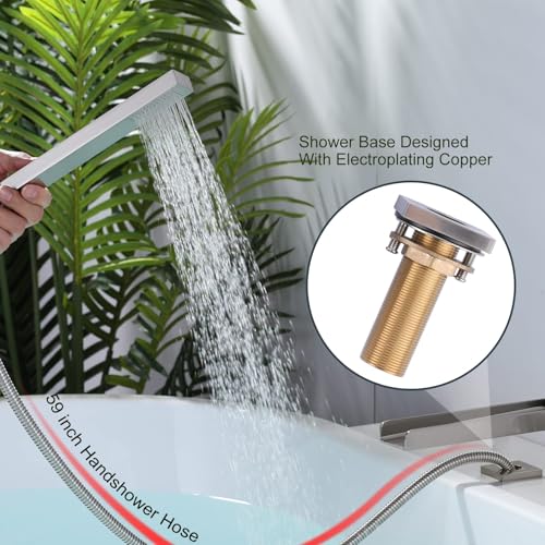 ALEASHA Waterfall Roman Tub Filler Faucet, Deck Mount Bathtub Filler with 360° Swivel Spout, 3 Holes Bathroom Tub Faucet with Sprayer, Brushed Nickel - Image 3