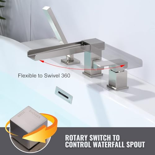 ALEASHA Waterfall Roman Tub Filler Faucet, Deck Mount Bathtub Filler with 360° Swivel Spout, 3 Holes Bathroom Tub Faucet with Sprayer, Brushed Nickel - Image 2