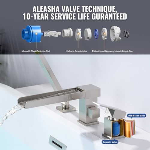 ALEASHA Waterfall Roman Tub Filler Faucet, Deck Mount Bathtub Filler with 360° Swivel Spout, 3 Holes Bathroom Tub Faucet with Sprayer, Brushed Nickel - Image 4