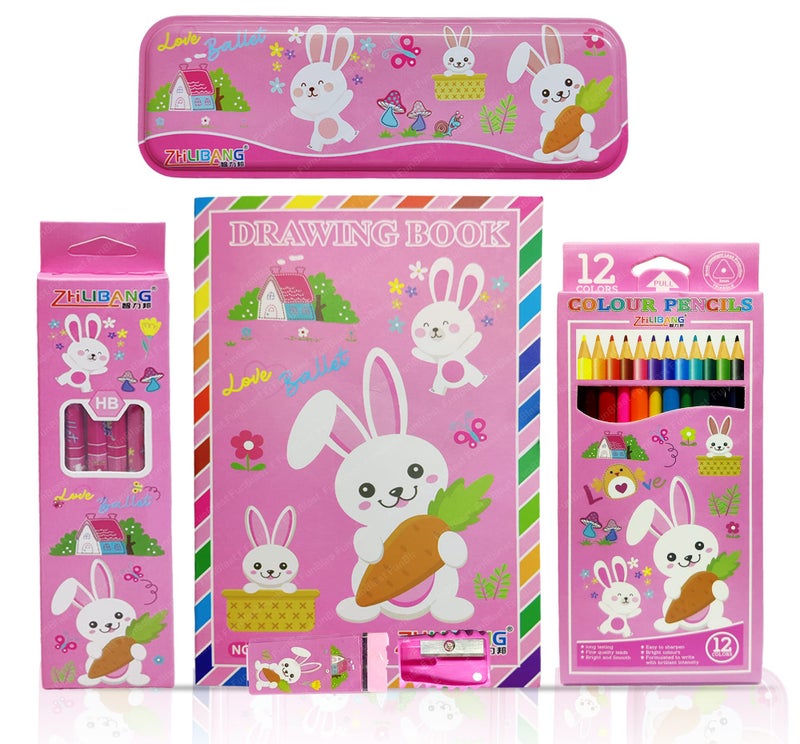 FunBlast Stationery Kit for Kids Pencil Box, 6 Pencils, Drawing Book, 12 Colored Pencils, Erasers, Sharpener Art & Craft Stationery Set for Kids, Birthday Return Gift (Pink) - Image 1