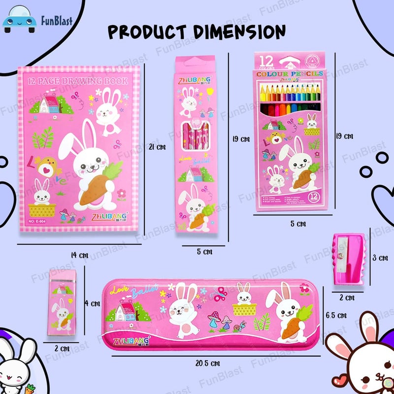 FunBlast Stationery Kit for Kids Pencil Box, 6 Pencils, Drawing Book, 12 Colored Pencils, Erasers, Sharpener Art & Craft Stationery Set for Kids, Birthday Return Gift (Pink) - Image 3