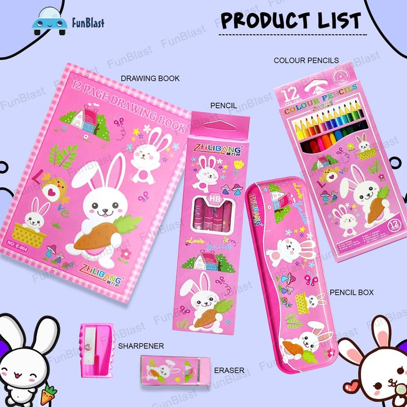 FunBlast Stationery Kit for Kids Pencil Box, 6 Pencils, Drawing Book, 12 Colored Pencils, Erasers, Sharpener Art & Craft Stationery Set for Kids, Birthday Return Gift (Pink) - Image 5