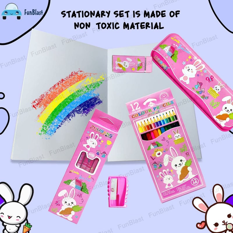 FunBlast Stationery Kit for Kids Pencil Box, 6 Pencils, Drawing Book, 12 Colored Pencils, Erasers, Sharpener Art & Craft Stationery Set for Kids, Birthday Return Gift (Pink) - Image 4