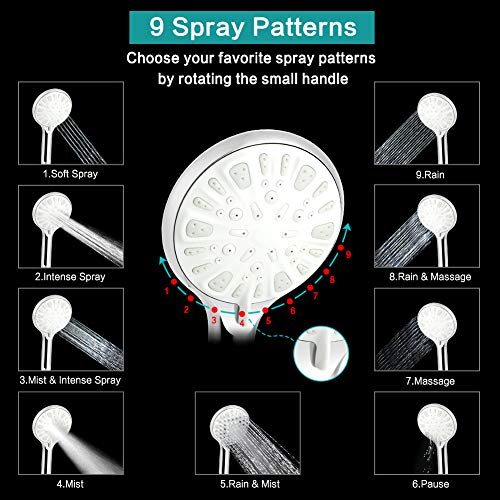 Tudoccy 10 Inch High Pressure Rainfall Shower Head/Handheld Shower Combo with 11 Inch Extension Arm, 9 Settings Adjustable Anti-leak with Holder/Hose, Height/Angle Adjustable, Chrome - Image 4