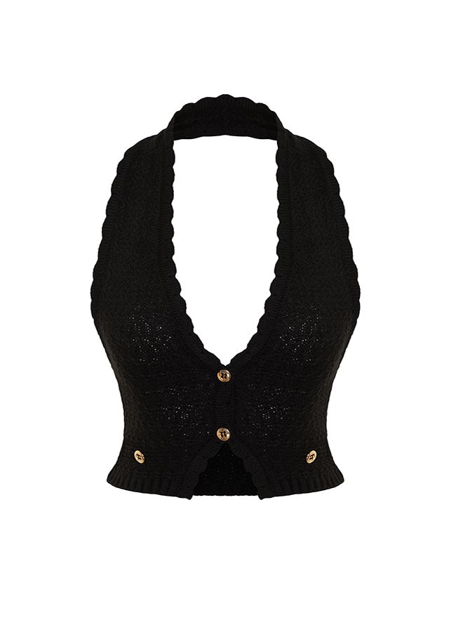 Limited Edition Black Button Detailed Knitwear Blouse TWOSS24BZ00329