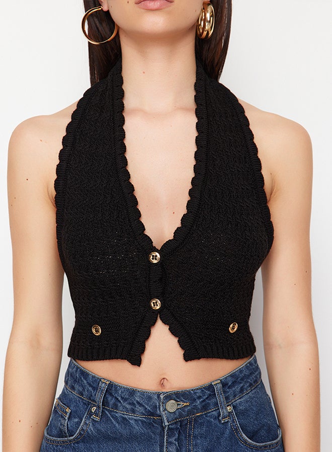 Limited Edition Black Button Detailed Knitwear Blouse TWOSS24BZ00329