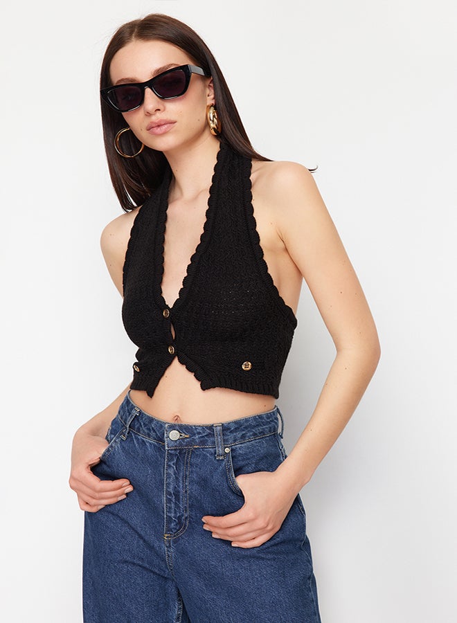 Limited Edition Black Button Detailed Knitwear Blouse TWOSS24BZ00329