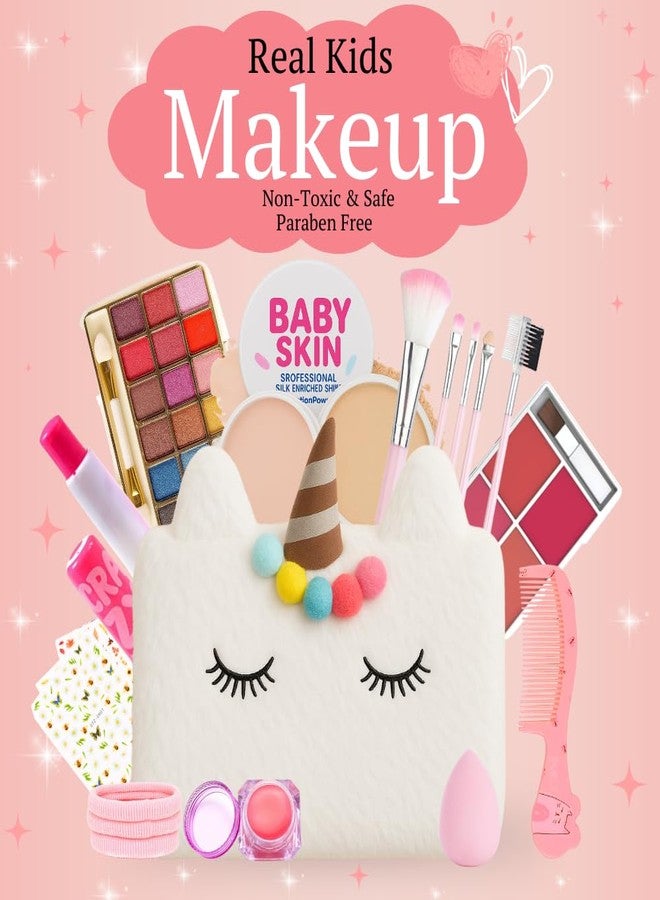 Linivya Real Makeup Kit for Girls & Teens - 21 PCS Safe & Washable Beauty Set with Unicorn White Fur Bag - Non-Toxic Cosmetics for Ages 7-16 - Gift Set with Brushes, Lip Gloss, Blush & More - Image 2