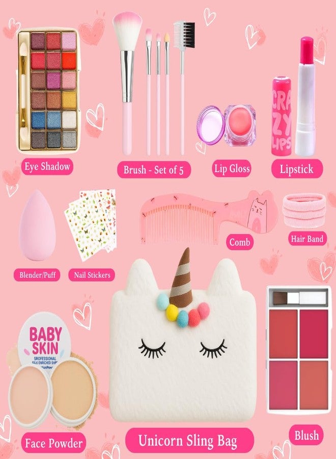 Linivya Real Makeup Kit for Girls & Teens - 21 PCS Safe & Washable Beauty Set with Unicorn White Fur Bag - Non-Toxic Cosmetics for Ages 7-16 - Gift Set with Brushes, Lip Gloss, Blush & More - Image 3