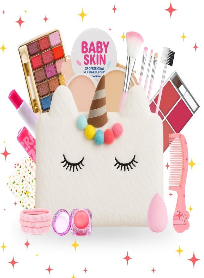 Linivya Real Makeup Kit for Girls & Teens - 21 PCS Safe & Washable Beauty Set with Unicorn White Fur Bag - Non-Toxic Cosmetics for Ages 7-16 - Gift Set with Brushes, Lip Gloss, Blush & More - Image 1