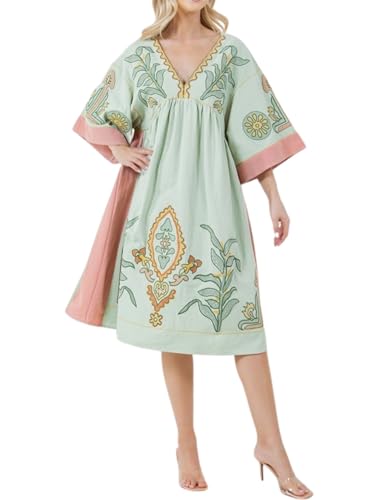 Joiemont Womens Oversized Floral Embroidered Long Dress with V-Neck and 3/4 Sleeves Vintage Embroidery Babydoll Dress(0652-LightGreen-M) - Image 1