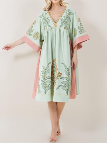 Joiemont Womens Oversized Floral Embroidered Long Dress with V-Neck and 3/4 Sleeves Vintage Embroidery Babydoll Dress(0652-LightGreen-M) - Image 2