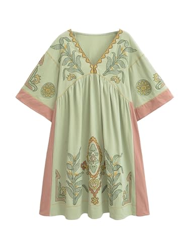 Joiemont Womens Oversized Floral Embroidered Long Dress with V-Neck and 3/4 Sleeves Vintage Embroidery Babydoll Dress(0652-LightGreen-M) - Image 3