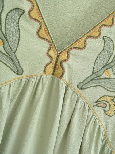 Joiemont Womens Oversized Floral Embroidered Long Dress with V-Neck and 3/4 Sleeves Vintage Embroidery Babydoll Dress(0652-LightGreen-M) - Image 5