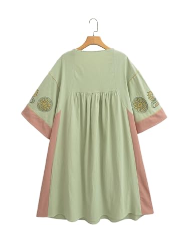 Joiemont Womens Oversized Floral Embroidered Long Dress with V-Neck and 3/4 Sleeves Vintage Embroidery Babydoll Dress(0652-LightGreen-M) - Image 4