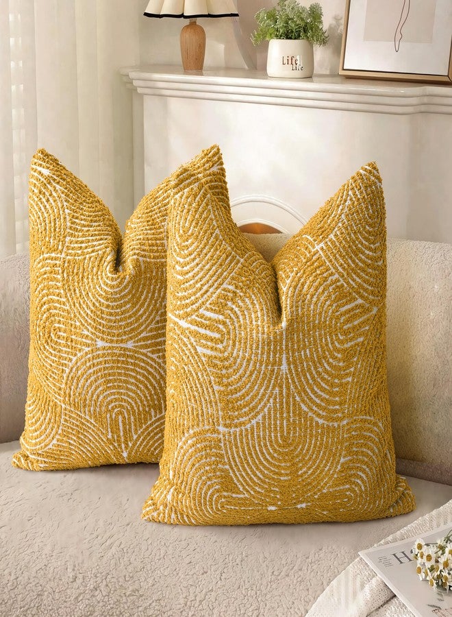 AELS Boho Decorative Textured Throw Pillow Covers 18x18, Organic Modern Mid Century Rainbow Tufted Pillow Case, Farmhouse Rustic Geometric Woven Cushion Case for Bed Couch Sofa, Mustard Yellow - Image 1