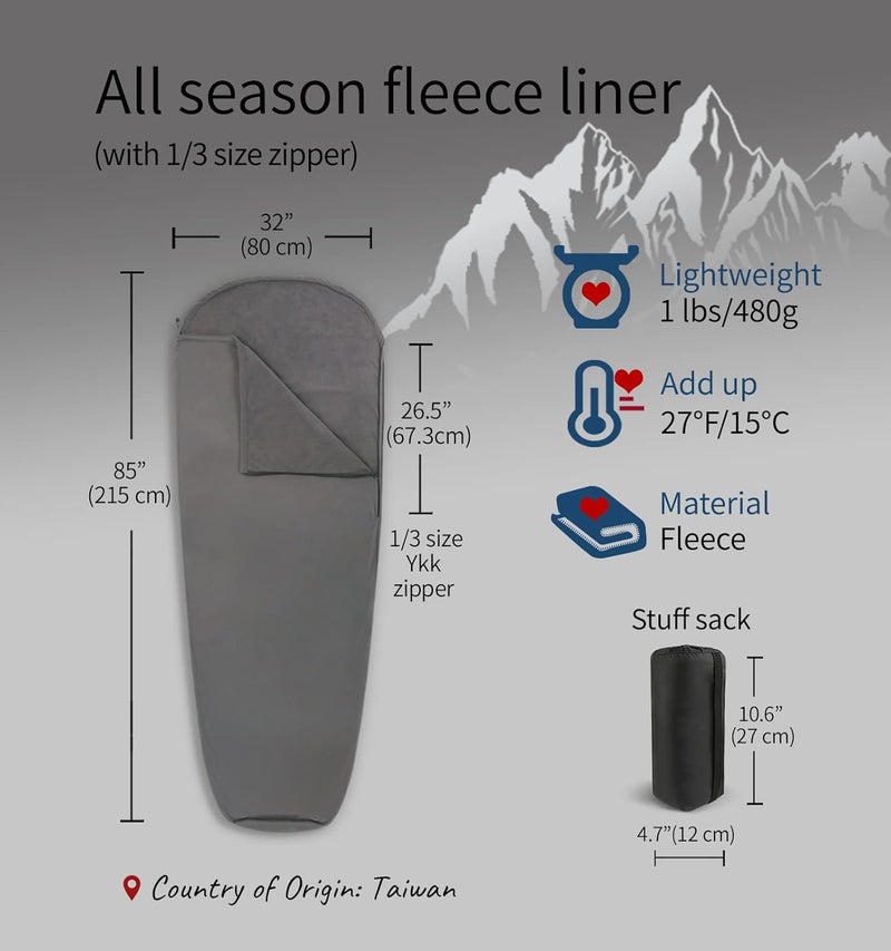 Litume All Season Fleece Sleeping Bag Liner Adds Up to 27°F/ 15°C, Lightweight Mummy Sleeping Sack for Cold Weather and Winter Backpacking, Camping, Traveling with Drawstring Hood and Stuff Sack E629 - Image 2