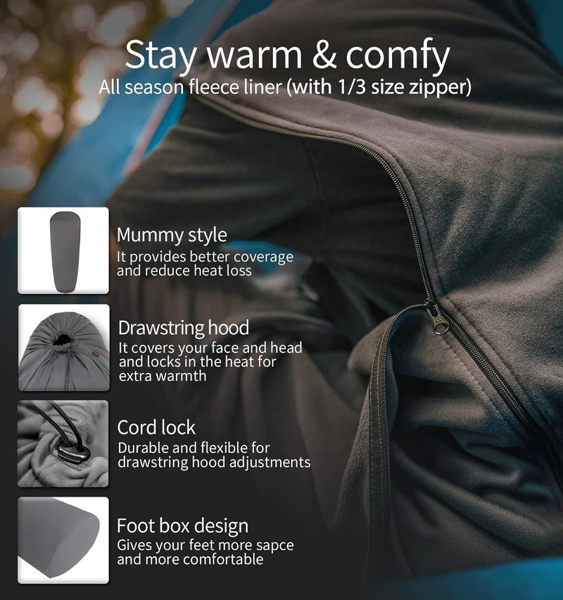 Litume All Season Fleece Sleeping Bag Liner Adds Up to 27°F/ 15°C, Lightweight Mummy Sleeping Sack for Cold Weather and Winter Backpacking, Camping, Traveling with Drawstring Hood and Stuff Sack E629 - Image 3