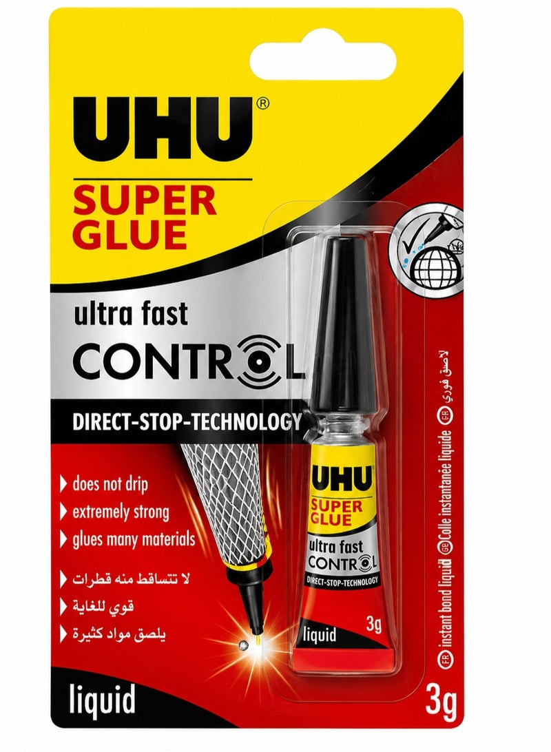 UHU Super Glue Ultra Fast Control Liquid 3g | Precision No-Drip Instant Adhesive | Strong Multipurpose Glue for Ceramic, Metal, Wood, Rubber, Porcelain & Hard Plastics - Image 1