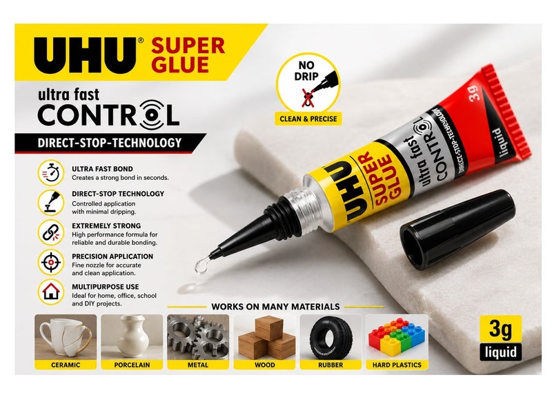 UHU Super Glue Ultra Fast Control Liquid 3g | Precision No-Drip Instant Adhesive | Strong Multipurpose Glue for Ceramic, Metal, Wood, Rubber, Porcelain & Hard Plastics - Image 3