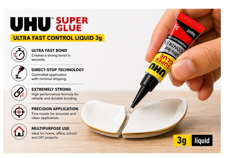 UHU Super Glue Ultra Fast Control Liquid 3g | Precision No-Drip Instant Adhesive | Strong Multipurpose Glue for Ceramic, Metal, Wood, Rubber, Porcelain & Hard Plastics - Image 4