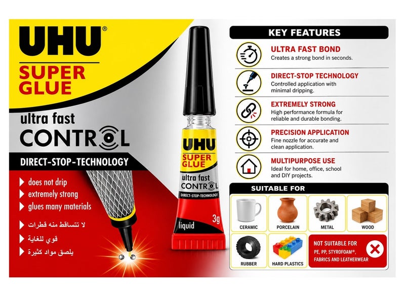 UHU Super Glue Ultra Fast Control Liquid 3g | Precision No-Drip Instant Adhesive | Strong Multipurpose Glue for Ceramic, Metal, Wood, Rubber, Porcelain & Hard Plastics - Image 5