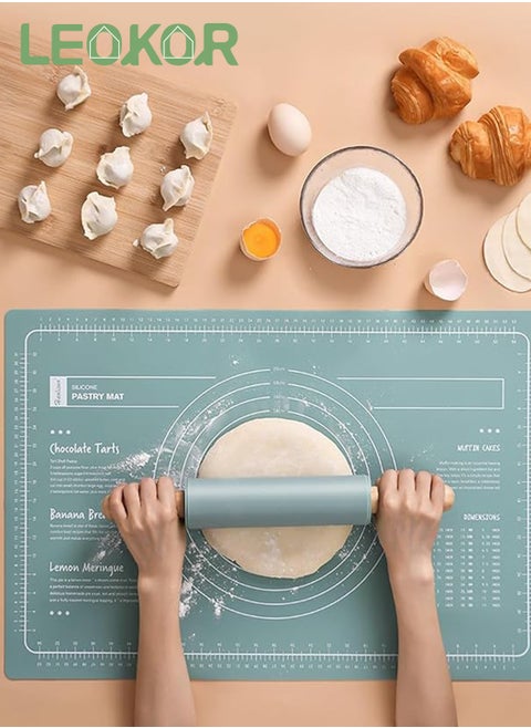 2 Pcs Silicone Baking Mat, Reusable Nonstick Bakeware Mats with Rolling Pin, Food Grade Silicone Dough Rolling Mat For Making Cookies, Multipurpose Mat, Countertop Mat, 40*60CM Green