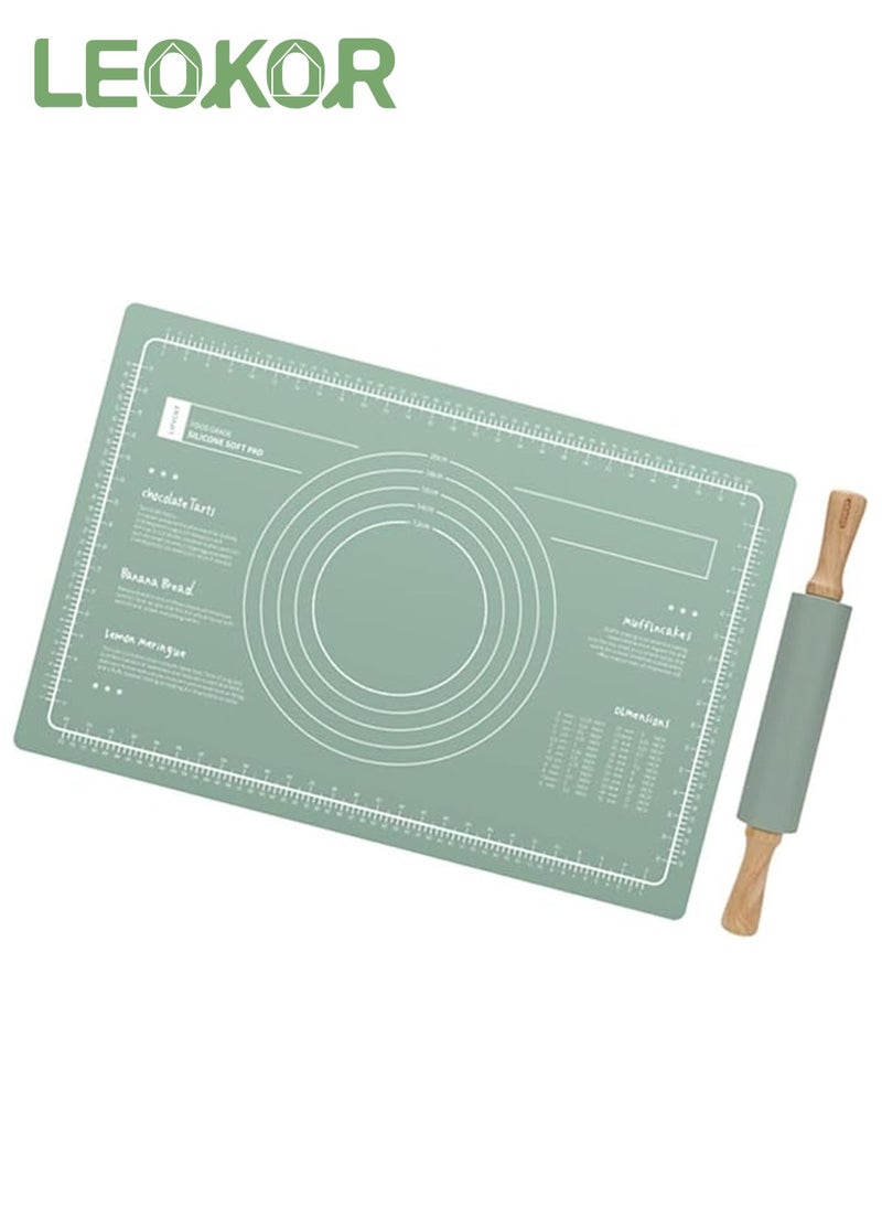 LEOKOR - 2 Pcs Silicone Baking Mat, Reusable Nonstick Bakeware Mats with Rolling Pin, Food Grade Silicone Dough Rolling Mat For Making Cookies, Multipurpose Mat, Countertop Mat, 40*60CM Green - Image 1