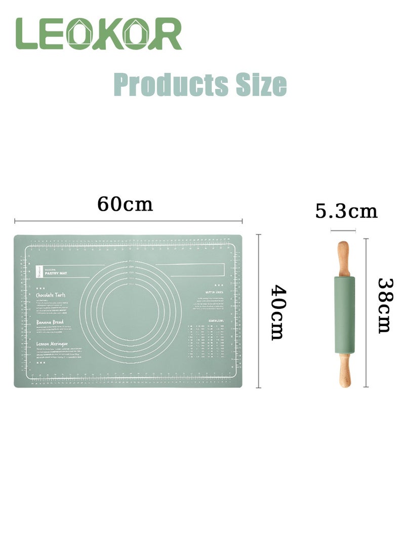 LEOKOR - 2 Pcs Silicone Baking Mat, Reusable Nonstick Bakeware Mats with Rolling Pin, Food Grade Silicone Dough Rolling Mat For Making Cookies, Multipurpose Mat, Countertop Mat, 40*60CM Green - Image 1