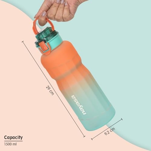Nayasa Booster DLX Water Bottle 1500ml | Unbreakable & Leakproof | Wide Mouth BPA-Free Plastic Bottle with Scale | Ideal for School, Gym, Office, Travel – Orange & Green - Image 4