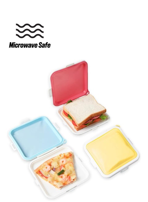 3 Pack Sandwich Containers, 3 Color Silicone Sandwich Storage with Snap-Off,Sandwich Box for Lunch,BPA Free,Leakproof, Reusable Plastic Sandwich Holder for Fruit,Salad,Snacks
