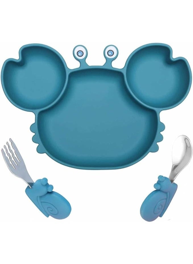 Silicone Suction Baby Plate with Dividers, Toddler Feeding Plate with Fork and Spoon Set, Self Feeding Training Dish for Highchair - Image 1