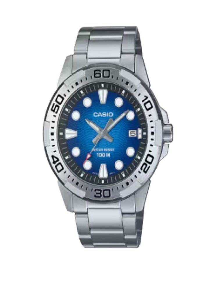 Casio Men’s Blue Dial Stainless Steel Analog Watch – Diver-Inspired Design with 100M Water Resistance & Quartz Precision