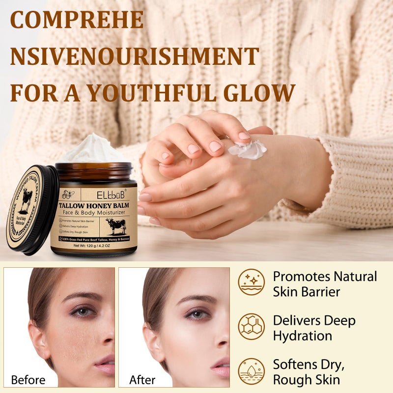 ELBBUB Whipped Tallow Cream for Face & Body - 100% Grass-Fed Beef Tallow, Natural Honey & Beeswax Moisturizer, Deep Hydration & Nourishment, Oil-Free & Unscented, Fast Absorbing - Image 5