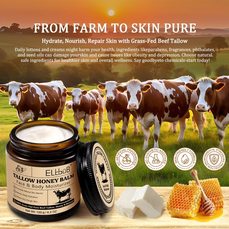 ELBBUB Whipped Tallow Cream for Face & Body - 100% Grass-Fed Beef Tallow, Natural Honey & Beeswax Moisturizer, Deep Hydration & Nourishment, Oil-Free & Unscented, Fast Absorbing - Image 4