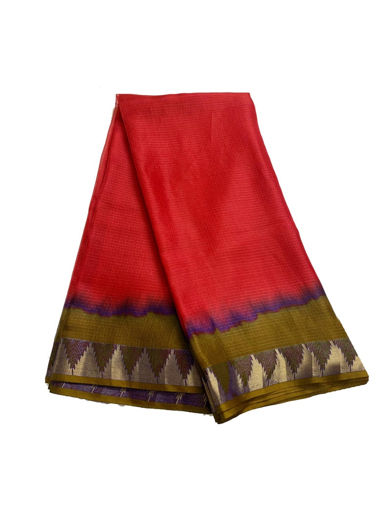 SheenKraft | Women's Bhagalpuri Pure Kota Doria Silk Net Saree With Temple Zari Border and Running Blouse Piece (Olive_Green & Red) - Image 5