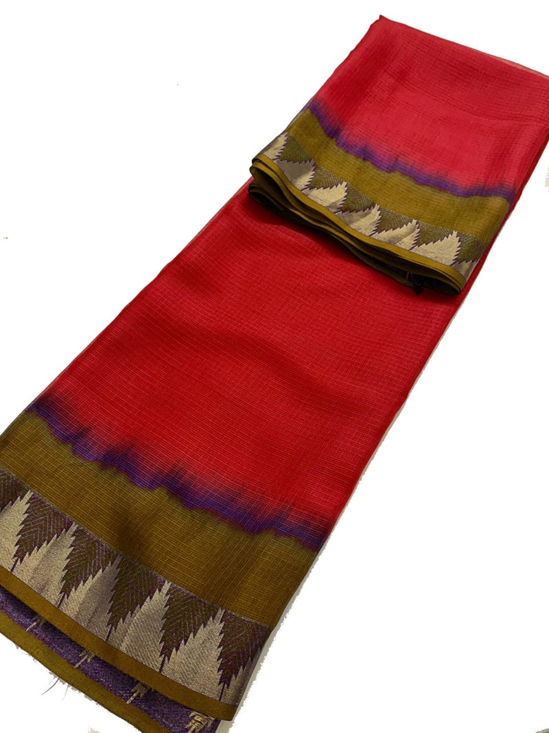 SheenKraft | Women's Bhagalpuri Pure Kota Doria Silk Net Saree With Temple Zari Border and Running Blouse Piece (Olive_Green & Red) - Image 3