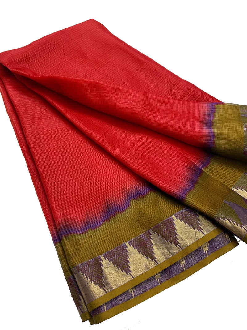 SheenKraft | Women's Bhagalpuri Pure Kota Doria Silk Net Saree With Temple Zari Border and Running Blouse Piece (Olive_Green & Red) - Image 2