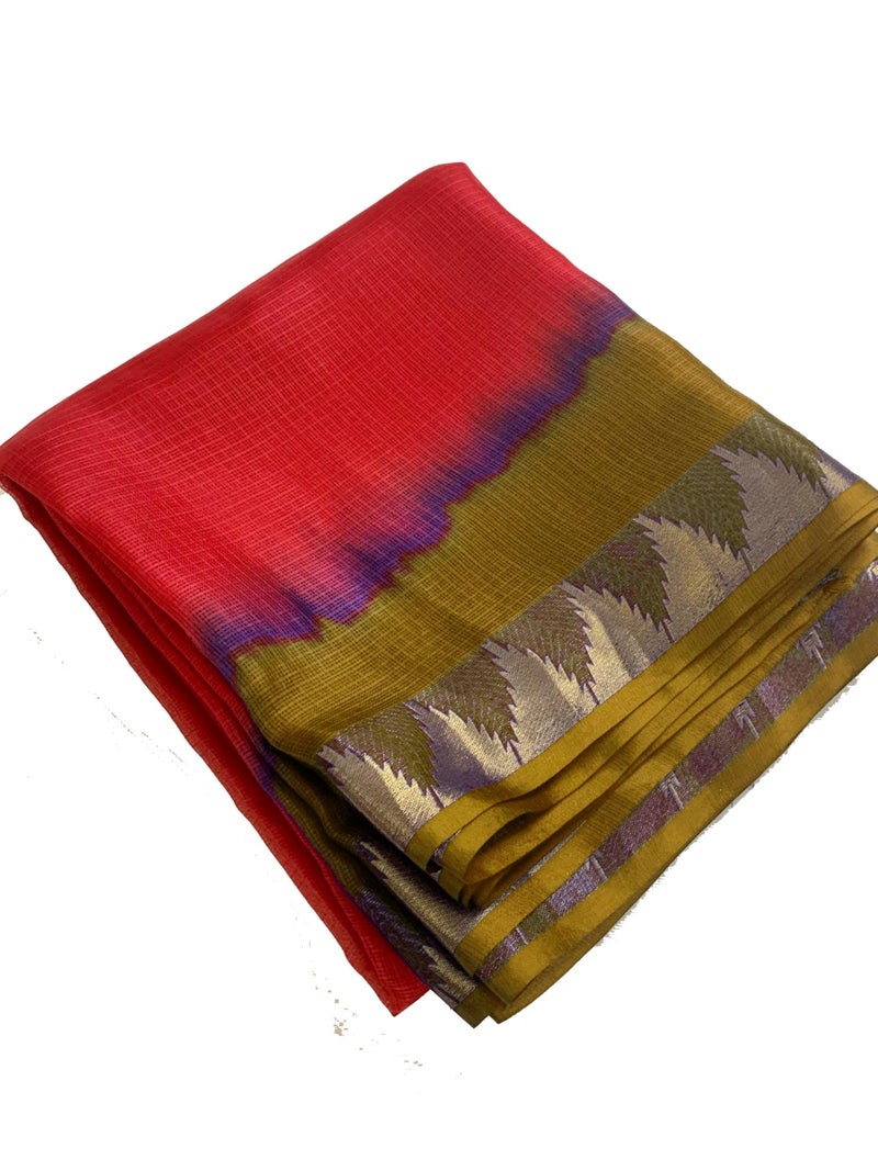 SheenKraft | Women's Bhagalpuri Pure Kota Doria Silk Net Saree With Temple Zari Border and Running Blouse Piece (Olive_Green & Red) - Image 4