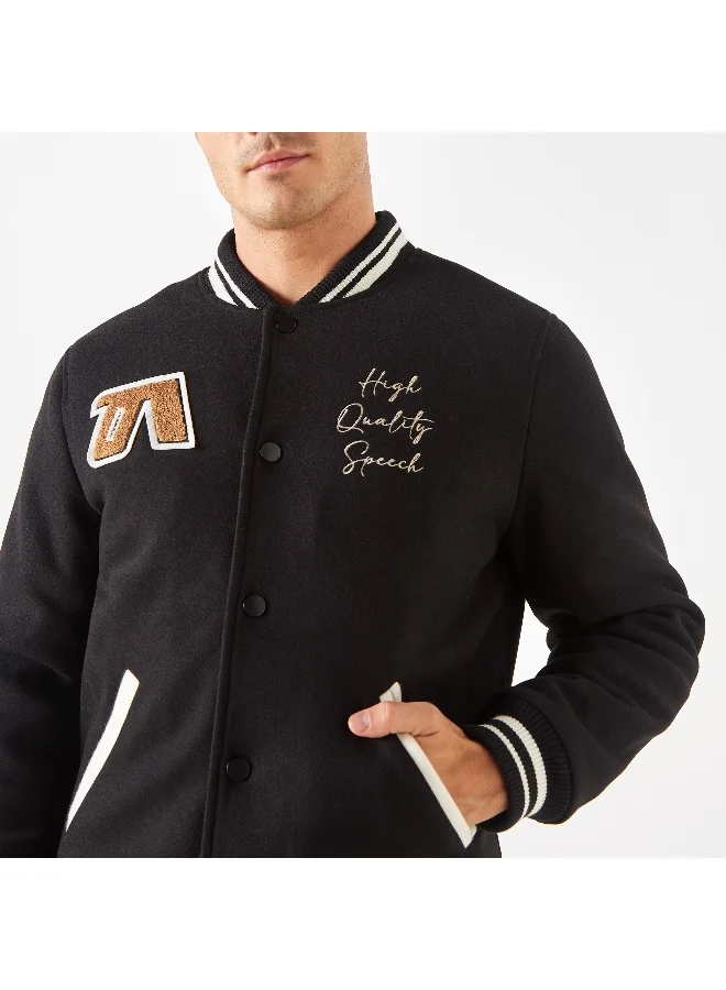 Iconic Iconic Printed Varsity Jacket with Snap Button Closure