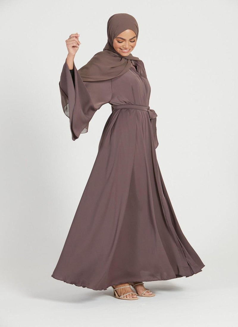 NUKHBAA Elegant Brown plain abaya wityh belt and Hijab-AB65  - Image 1