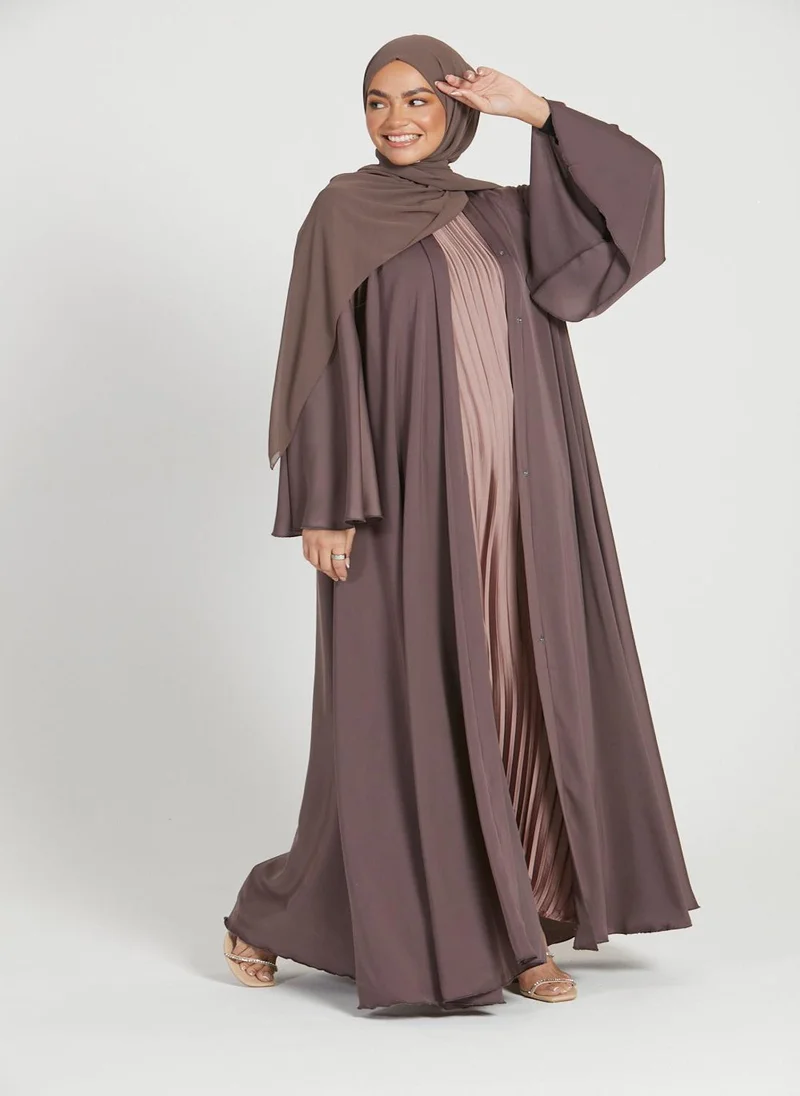 NUKHBAA Elegant Brown plain abaya wityh belt and Hijab-AB65