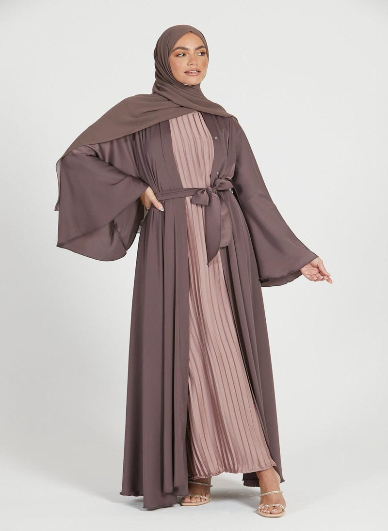 NUKHBAA Elegant Brown plain abaya wityh belt and Hijab-AB65  - Image 2