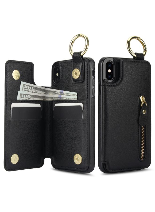 اس-توب جراب لهاتف iPhone XS / X من نسيج الليتشي مع سحاب ومشبك مزدوج وحقيبة بطاقات - Image 2