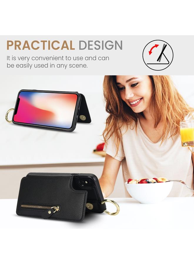 اس-توب جراب لهاتف iPhone XS / X من نسيج الليتشي مع سحاب ومشبك مزدوج وحقيبة بطاقات - Image 4