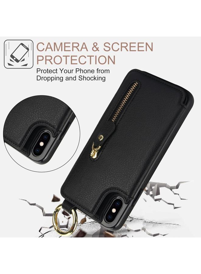 اس-توب جراب لهاتف iPhone XS / X من نسيج الليتشي مع سحاب ومشبك مزدوج وحقيبة بطاقات - Image 3