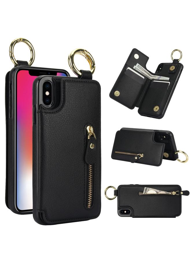 اس-توب جراب لهاتف iPhone XS / X من نسيج الليتشي مع سحاب ومشبك مزدوج وحقيبة بطاقات - Image 1